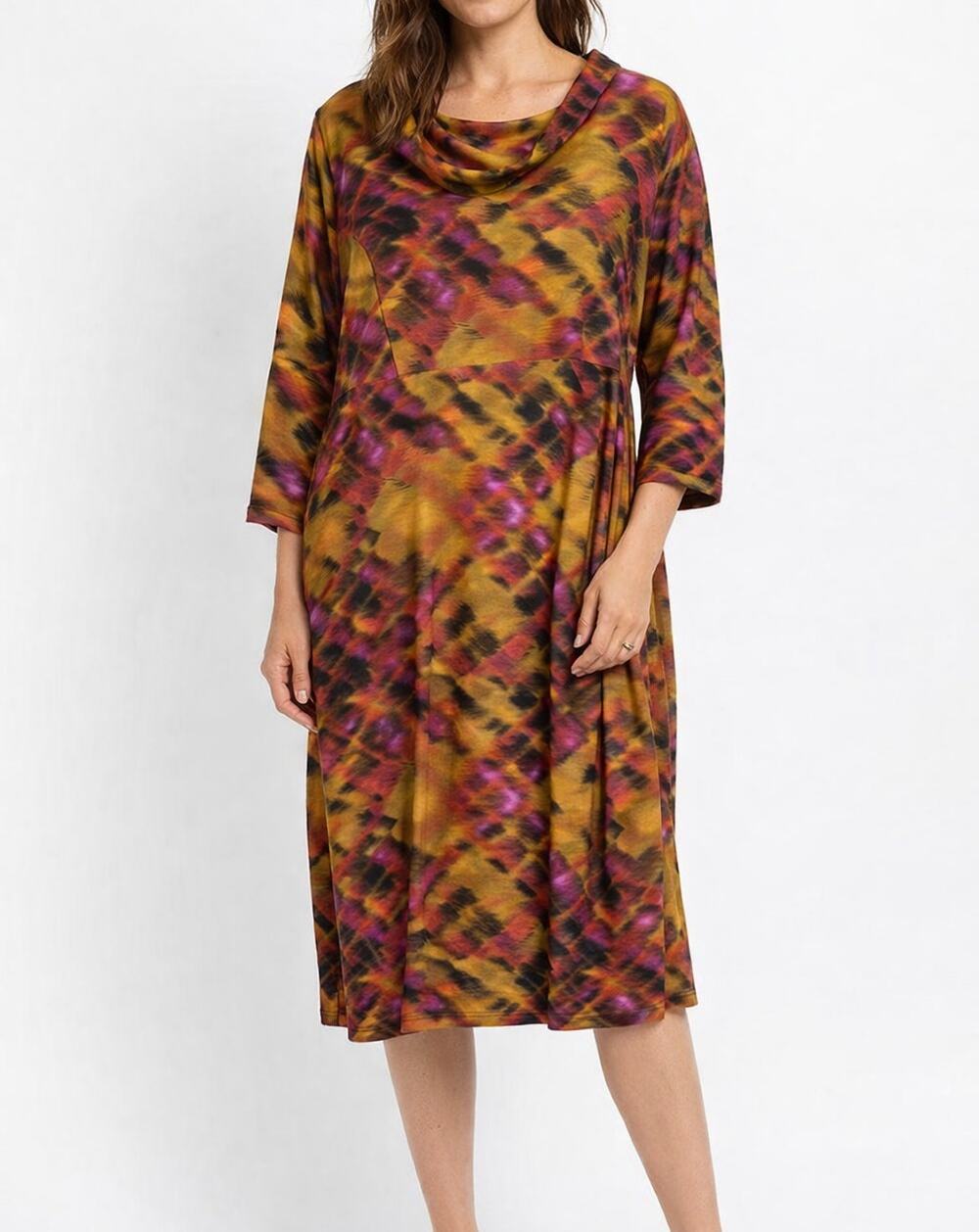 Anna Scholz Double Silk Satin Cowl Neck Midi Dress Pleated Check Abstract NWT